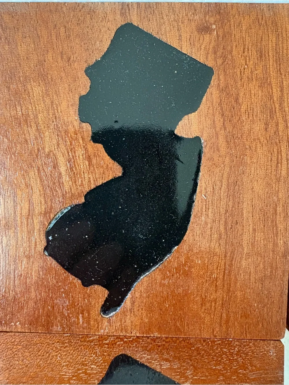 New Jersey wood coaster set. Black NJ silhouette on wood. 5 + holder.